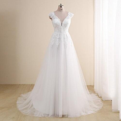Amazing Wedding Dress Plus Size New Arrival V neck Cap Sleeve A Line Wedding Gowns Tulle Lace Applique Robe De Mariee Gown