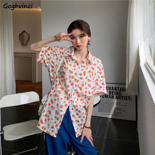 Short Sleeve Shirts Women Single Breasted Vintage Loose Simple All-match Blouses Ladies Retro Printed Streetwear Korean Stylish