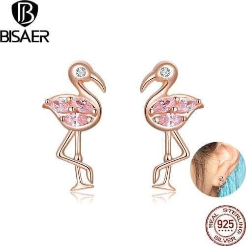 BISAER Flamingos Earrings 925 Sterling Silver Tropical Flamingos Stud Earrings for Women Pink Zircon Silver Jewelry EFE120