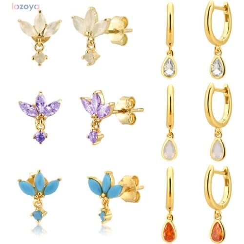 LOZOYA 100% 925 Sterling Silver 6 Colors Ohrringe Luxury Piercing Zircon CZ Ovals Drop Earrings 2020 Pendiente Clips Jewelry