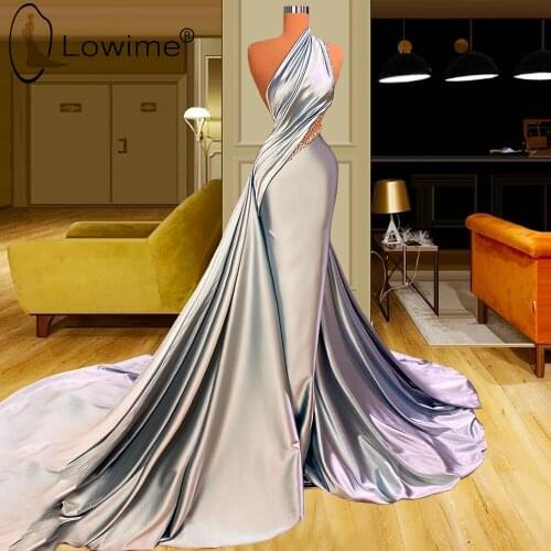 Light Blue Elegant One Shoulder Satin Evening Dresess Pearls Prom Party Gowns with Long Train Vestidos De Fiesta 2021
