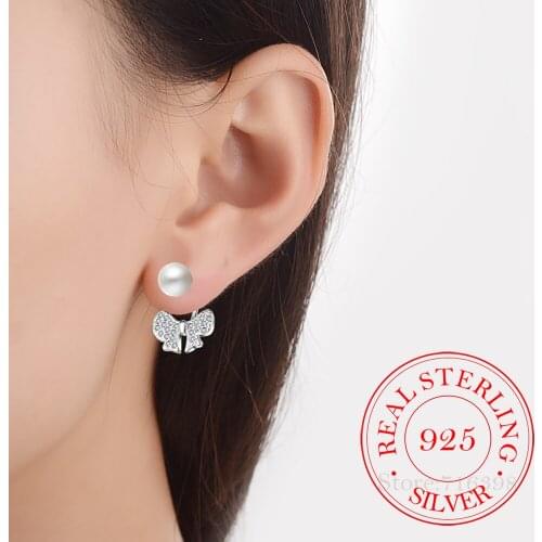 High Quality 925 Sterling Silver Crystal Bowknot Stud Earrings For Women Pearl Earring Jewelry Lady Gifts Pendientes Plata