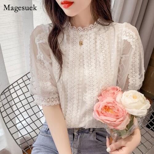 2021 Summer Women Tops New Stand Collar Casual Beautiful Shirts Sweet White Lace Blouse Short Lantern Sleeve Shirt Clothes 14414