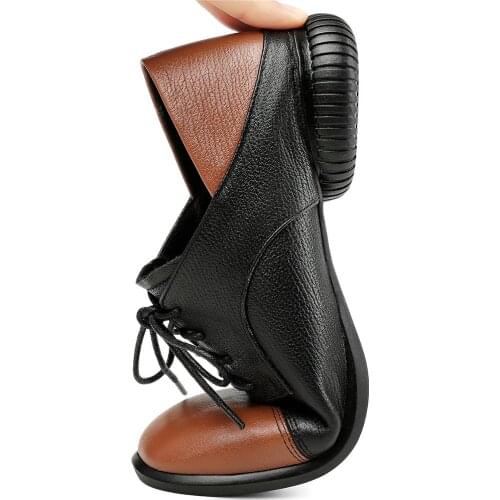 US Size 4-US Size 10 Women Lace Up Genuine Leather Cuban Low Heels Ankle Boots Female Shallow Square Toe Pumps Shoe Casual Shoes