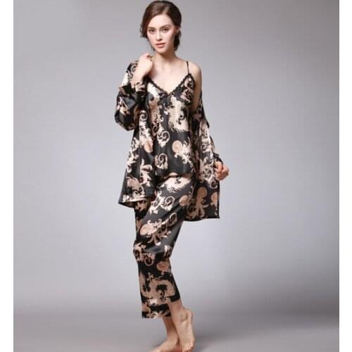 Women Pajama Sets 3 Pieces Summer Black Print Women Silk Sleepwear Robe Sets Outfits Plus Size Femme Pijama Mujer Verano 2021