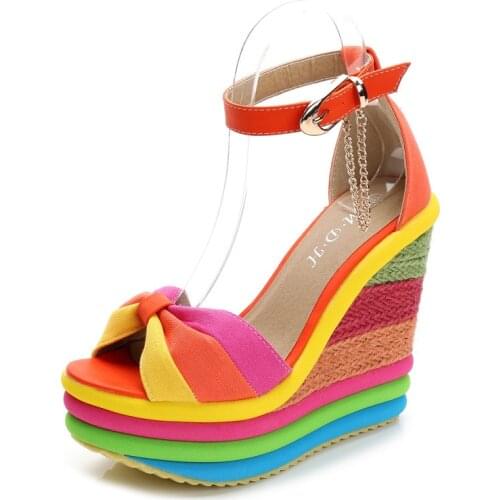 Summer New Super High Heel Wedge Sandals Straw Toe Roman Rainbow 43 plus Size Women 's Shoes