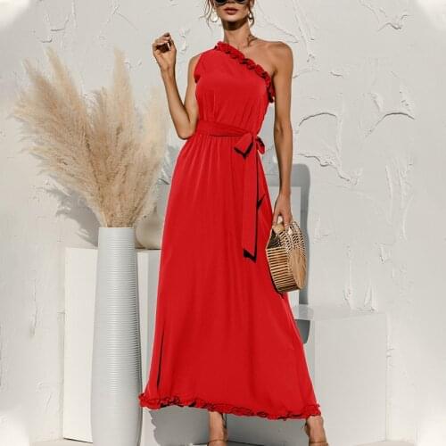 Ladies Sexy Solid Oblique Shoulder Sleeveless Long Dress 2021 Summer Women Elegant High Waist Red Party Robe Maxi Vestidos Femme