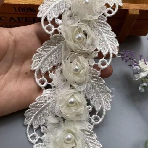 1 Yard Lace Trim Ivory Pearl Rose Flower Soluble 75mm Embroidered Ribbon Fabric Handmade DIY Wedding Dress Sewing Supplies Craft