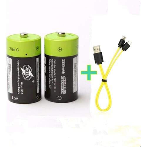 2PCS New Products ZNTER 1.5V 3000mAh Rechargeable Lithium Polymer Battery USB Battery C Size + Micro USB Charging Cable