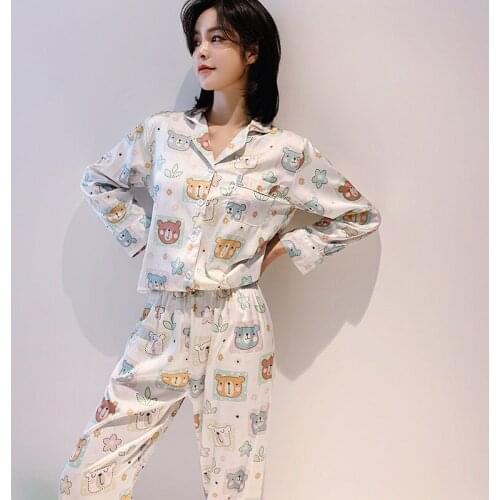 2020 Summer Long sleeve Satin Pajama Set Turn-down Collar Nightgown Cute Bear Sleepwear Long Pant Spring Nightsuit
