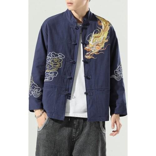 2021 Autumn Chinese Style Traditional Jackets Men Casual Vintage Tang Suit Kung Fu Coat Male Embroidery Dragon Kimono Outerwear
