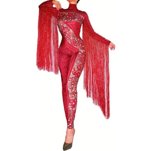 Shining Red Rhinestones Fringe Jumpsuit Birthday Celebrate Outfit Bar Dance Leggings Women Singer Dancer Outfit