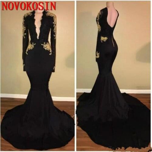 Deep V-Neck Mermaid Black Prom Dress Gold Appliques 2019 Long Sleeve Pageant Arabic Dubai Formal Long Party Gowns Evening Dress