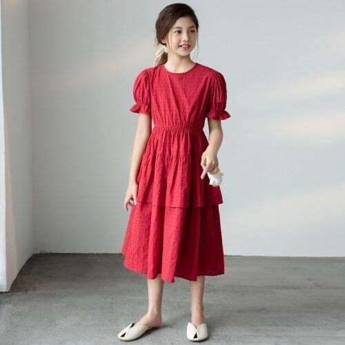 Girl Dress 2021 Elegant Red Layered Princess Dress Summer Puff Sleeve Kids Dresses for Girls Children Clothes Party Costume