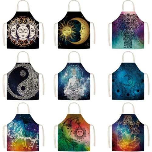 Buddhism Mandala Linen Apron Parent-child Mother Baby Bib Cuff Kitchen DIY Baking Painting Pinafore Waterproof Children Baby Bib