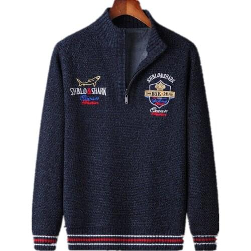 Fleece Warm Winter Mens Sweater Half Zipper Shark Male Pullover Knitted Cotton Clothes Letter Vintage Red Black Knitted Coat