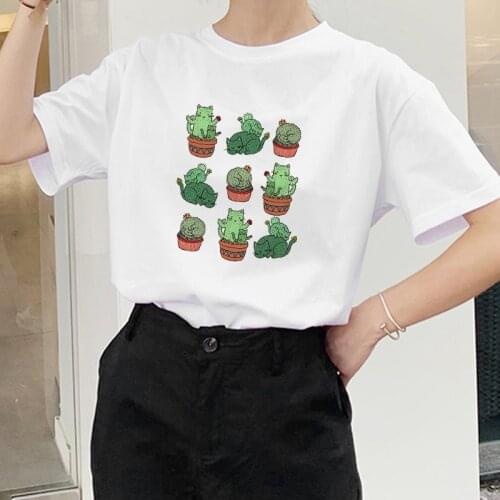 Funny Cat Cactus Printing Graphic T Shirts Harajuku Korean 100% Cotton Woman Tshirts Summer Women Tops Gift for Lady Ropa Mujer