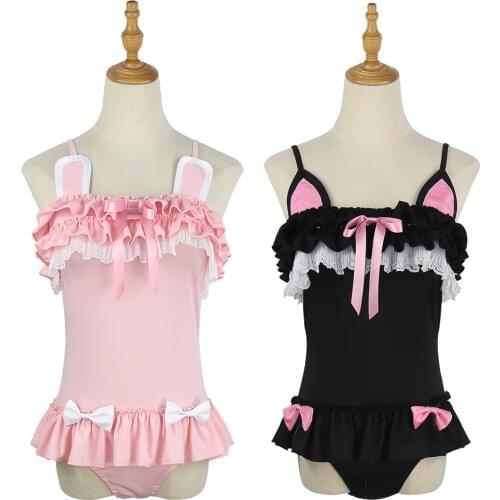 Hot Sale One Piece Swimsuit Cute Sexy cosplay Costume Swimwear Women Cute black cat & powder rabbit Swimsuit Summer Sukumizu