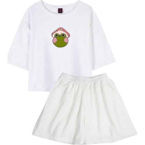 Cotton T Shirt Kawaii Frog Tops Harajuku Shorts for Womens Fashion Short Sleeve Casual Outdoors Clothing Two Piece Set Trousers