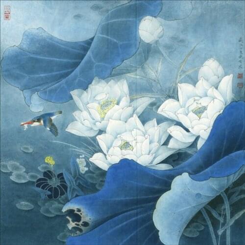 Chinese blue leaves white lotus bird scenery oil painting canvas prints printed on canvas home wall art decoration picture