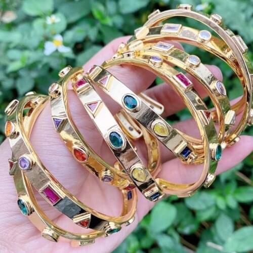 3PCS, Goth Geometric CZ Stone Gold Bangles For Women Girls Vintage Multicolor Cubic Zircon Bracelets 2021 Trend Jewelry
