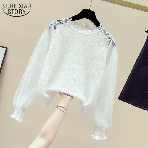 Sweet Lace Blouse Women Fashion See Through Mesh White Shirt Lantern Long Sleeve Vintage Ruffled Womens Shirts Top Female 11142