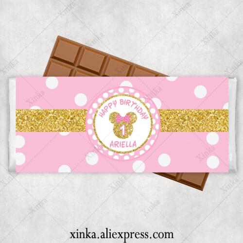 Custom Mini Pink Mouse Candy Bar Wrapper Sticker Milk Chocolate Labels Girl Baby Shower Favors Baptism Birthday Party Decoration