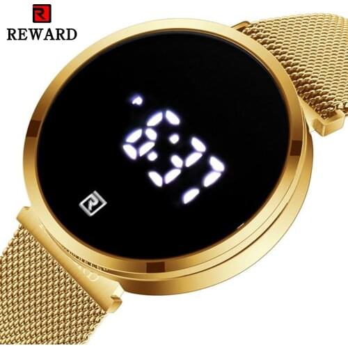 REWARD Black Golden Touch Screen Quartz Wristwatch Stainless Steel Mesh Band Man Watch Luminous Waterproof Business Date Clock