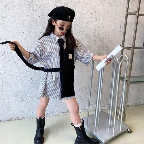 Baby Girl New Summer Cotton Shirt Sweet Cool Style Striped Shirt Vest Tie Three-piece Fashion Suit Girls Blouse Childs Clothes