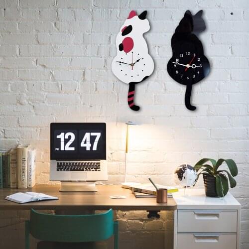 New 3D Cute Cat Wall Clock Wag Tail Silence Home Decoration Kids Gift Black