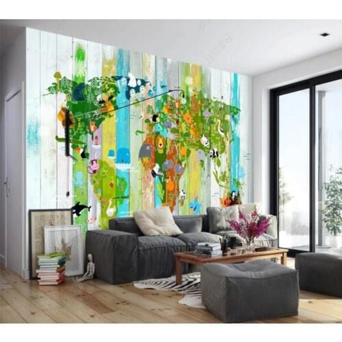 Papel de parede Cartoon animal world map background wall 3D wallpaper mural,living room home decor