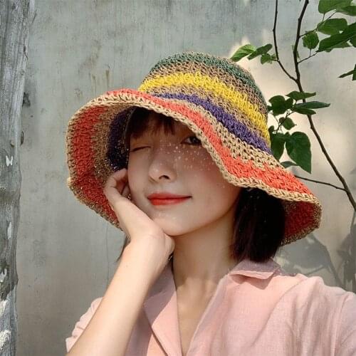 Handwoven Straw Rainbow Sun Hat for Ladies Summer Vacation Beach Colorful Hat Foldable Beach Hats Women Sun Hats