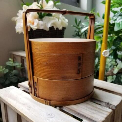 Japanese style lacquer double deck portable lunch box wooden takeaway snack box moon cake round packing food basket