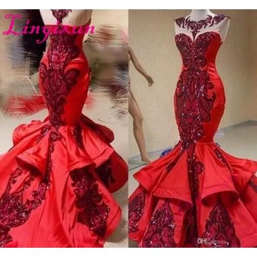 Red Luxury Sequins Applique Mermaid Ruffles Prom Dresses 2020 Shiny Jewel Sheer Neck Fishtail Occasion Evening Dresses