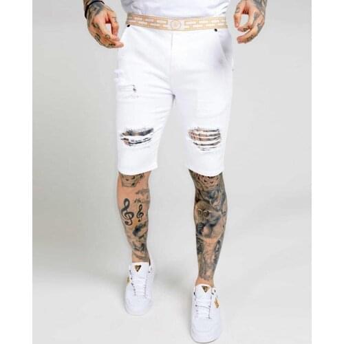 SikSilk Elasticed Distressed Slim Fit Denim Shorts White
