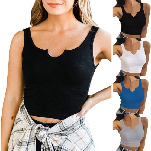Summer Womens Sleeveless Casual Crop Camisole Sexy Notch V-Neck Solid Color Ribbed Knit Tank Tops