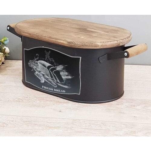 Bread Storage Box Metal Container Black With Wood Lid Cutting Board Handles For Kitchen Countertop Bread Cookies Storage Holder