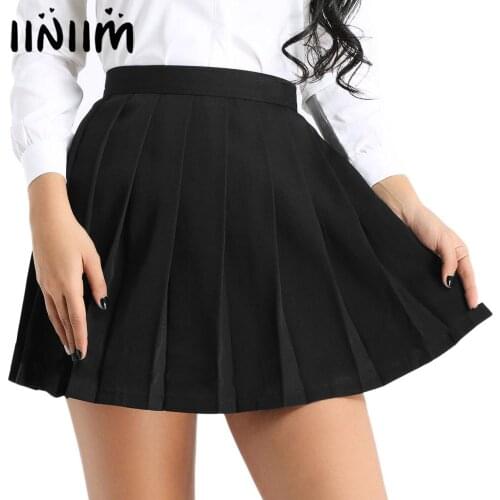 Iiniim Women Ladies Japan School Girls High Waisted A-line Solid Color Sexy Mini Skirts Cosplay Costumes Parties Short Skirt