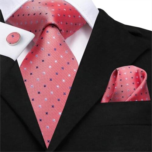 C-3118 Hi-Tie Fashion Silk Men Tie Coral Pink Dot Necktie Handkerchief Cufflinks Set Fashion Mens Party Wedding Tie Set 8.5cm