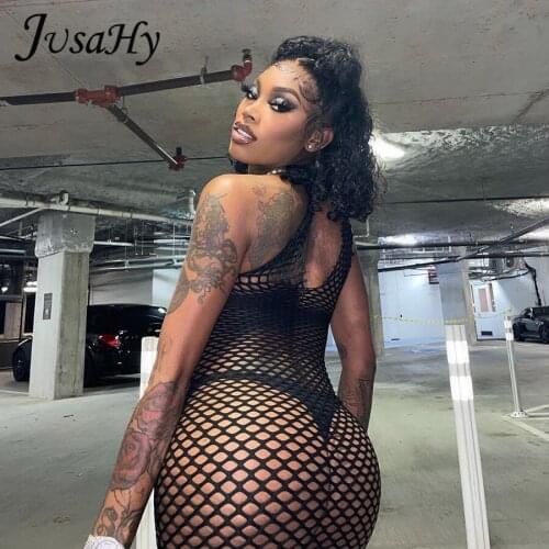 JuSaHy Midnight Mini Dress for Women Sexy Hollow Out See Through One-Shoulder Sleeveless Summer Hot Party Clubwear Female Skirts