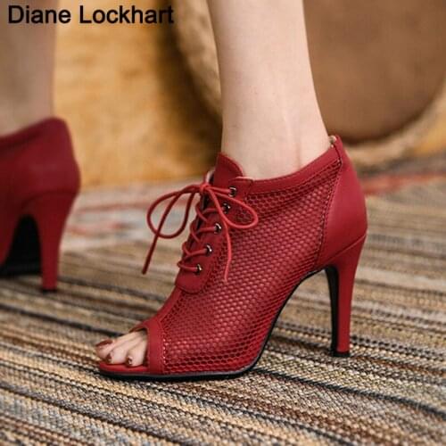 Fashion Basic Sandals Boots Women High Heel Pumps Sexy Hollow Out Mesh Lace-Up Cross-tied Boots Party Shoes Fish Mouth Stilettos