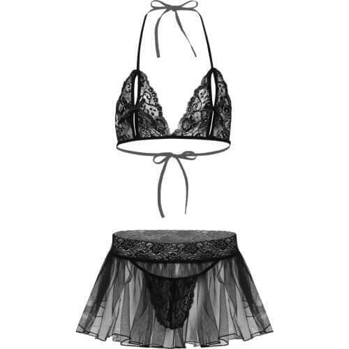 Men Sexy Sissy Lingerie Set See-through Sheer Lace Gay Underwear Male Crossdressing Open Cup Bra Top with G-string Skirt Panties