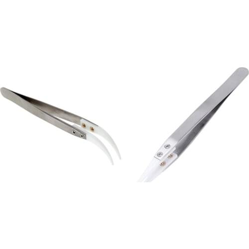 Ceramic Tweezers with Stainless Steel Handle Refractory Acid-Resistant Pointed Tweezers & Curved Corrosion Resistant