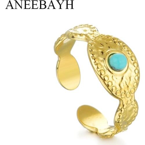 Bohemian Stainless Steel Oval Shape Gold Finger Rings For Women Vintage Blue Stone Rings Adjustable Jewelry Party Gift
