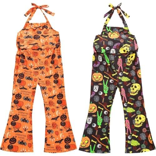 Infant Halloween Halter Overalls Baby Tie-up Cartoon Pumpkin Print Suspender Pants Black Orange Pants 2021 New Arrival Clothing