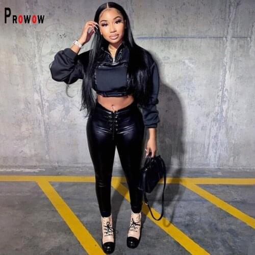 Prowow Women Two Piece Set Patchwork Coat Pu Skinny Pant Winter Spring Velvet Outfits Black Color Casual Streetwear Clothing