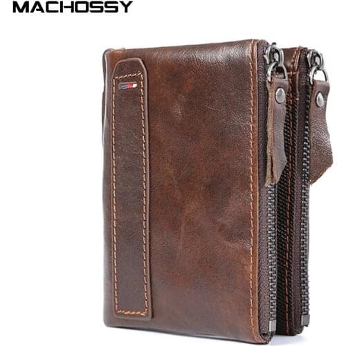 RFID Genuine Leather Wallet Men Quality Short Coin Purse Double Zippers Pocket Wallet Mens Brand Design Vintage Leather Wallets