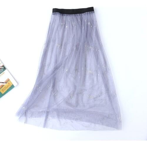 Summer Women Lace Mesh Tulle Midi skirts Ladies Casual Hollow Out transparent Elegant vintage Print long Skirt Korean 198
