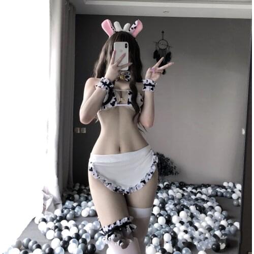 Cute Cos Cow Playful Maid Uniform Japanese Sexy Lingerie Tail Girlfriend Cosplay Costume Bikini Anime Lolita Bra and Panty Set