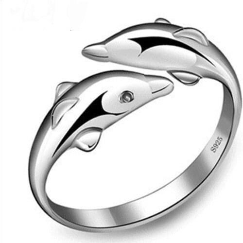 Hot Sale Double Dolphin Happy Women In Love Silver Plated Ring Fashion Opening Women Ring Female Accessories Wholesale